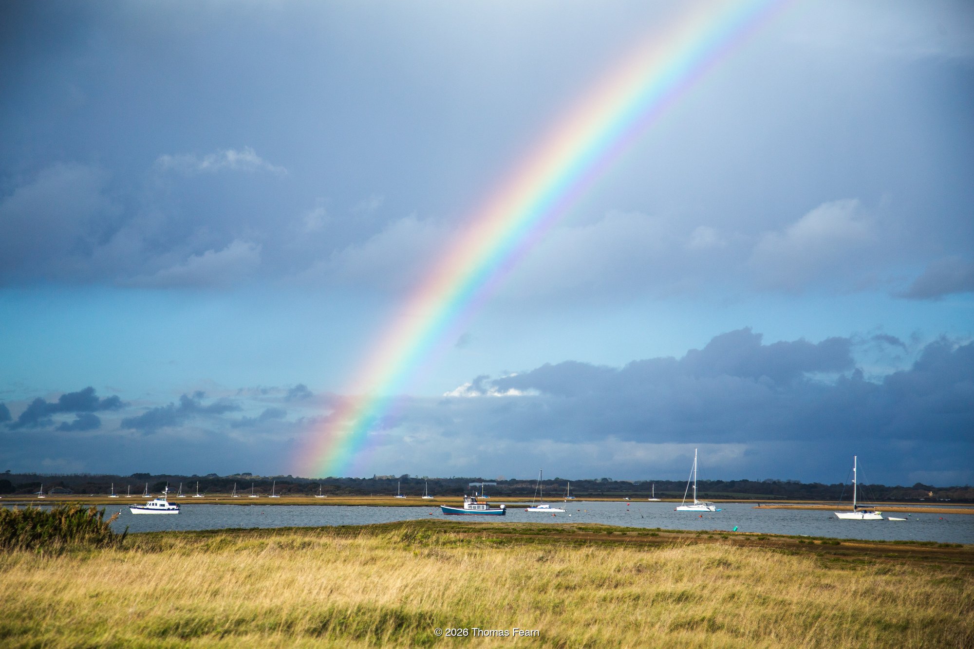 Rainbow arcing over coastal meadow