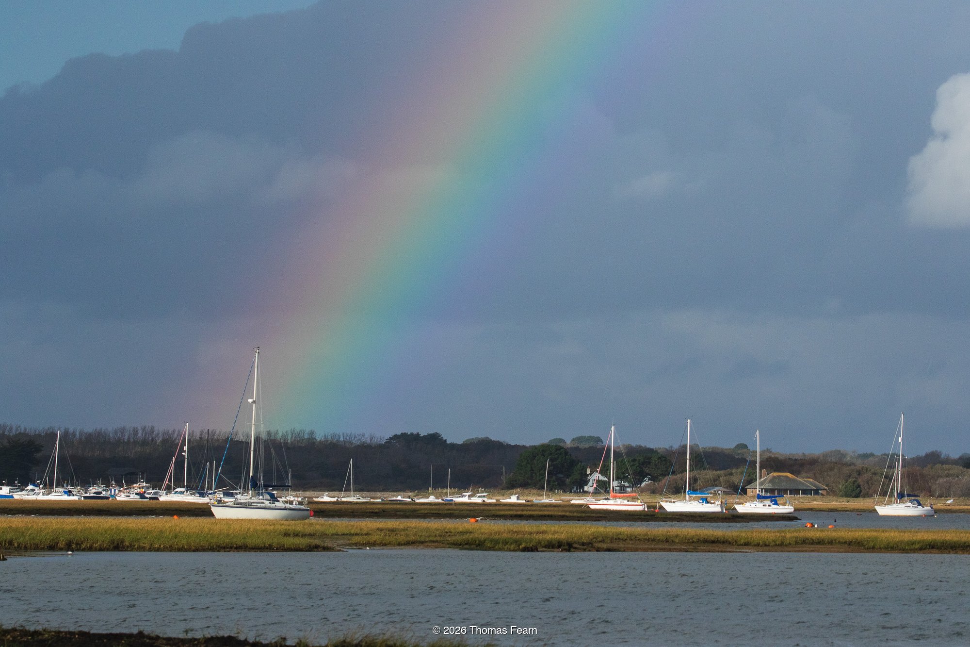 Rainbow above yacht-filled harbour